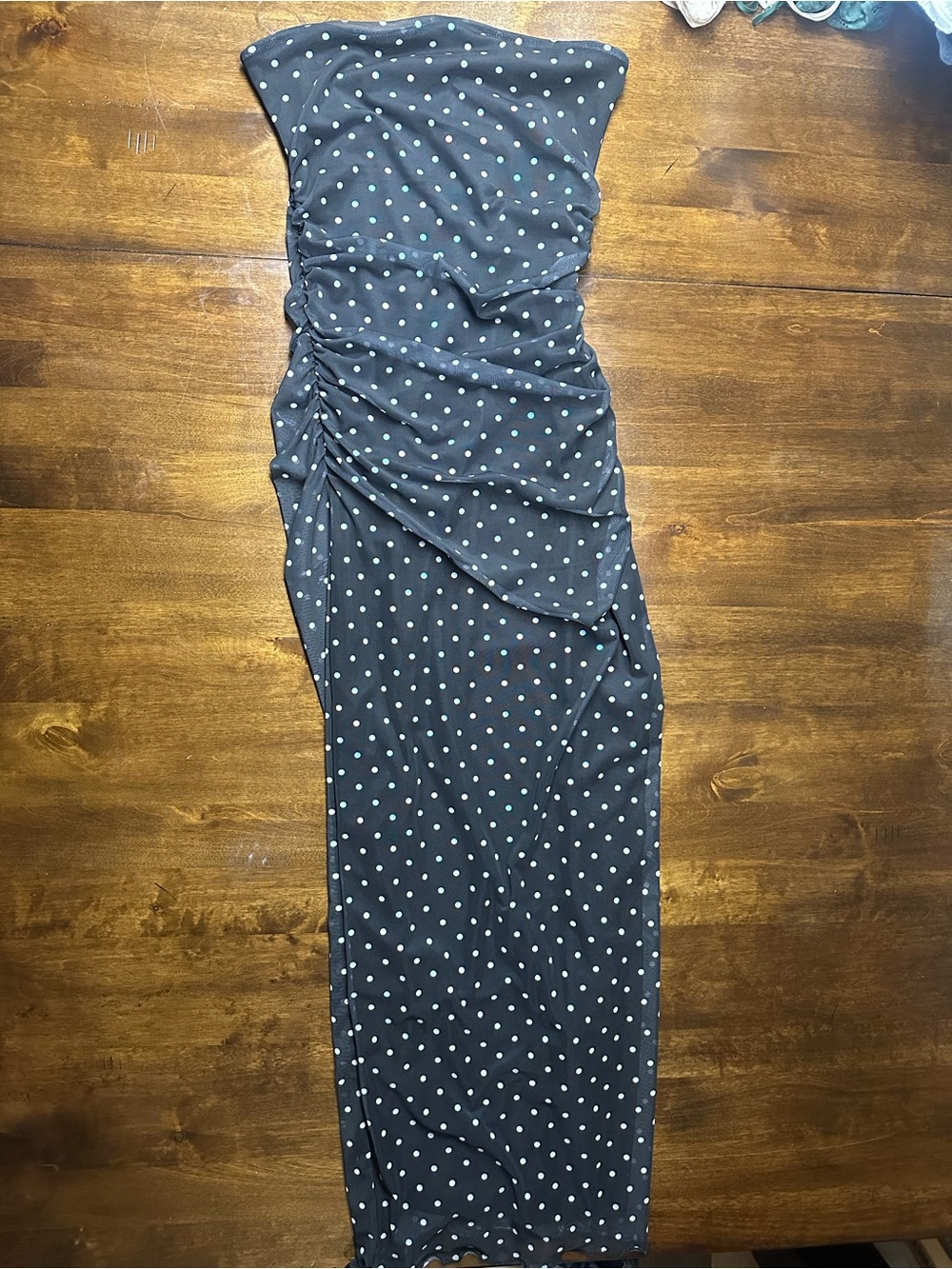 Streetwear Society Black Polka Dot Strapless Ruched Maxi Dress